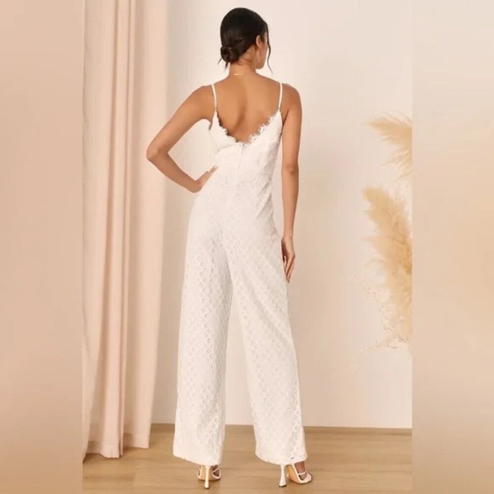 Lulu's Forever Bliss White Lace Wide-Leg Jumpsuit Small New with tags - Picture 2 of 2